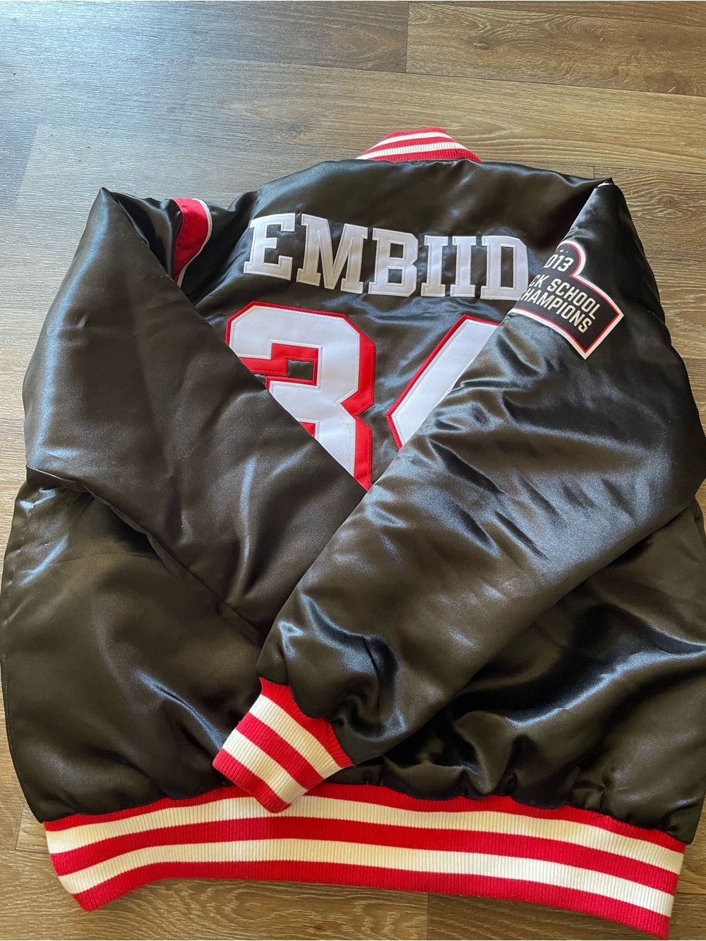 Nostalgia Black and Red Satin Varsity Jacket with White Script - Picture 2 of 4